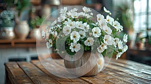 Blue Vase Filled With White and Yellow Flowers