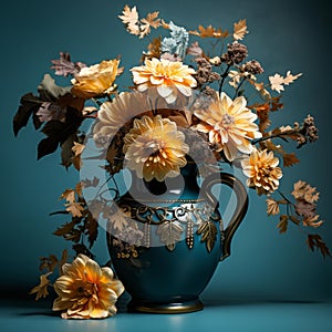 a blue vase filled with yellow and orange flowers