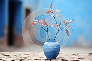 a blue vase with some leaves in it