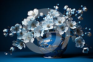 a blue vase with white flowers in it