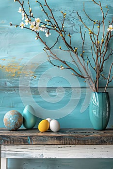 Blue Vase With White Flowers and Eggs