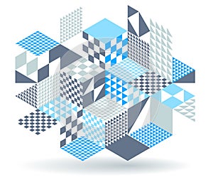 Blue vector abstract geometric background with cubes and different rhythmic shapes, isometric 3D abstraction art displaying city