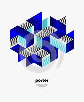 Blue vector abstract geometric background with cubes and different rhythmic shapes, isometric 3D abstraction art displaying city