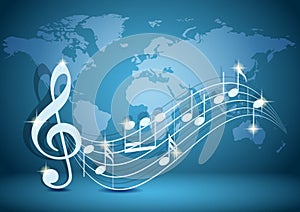 blue vector background with wavy music notes and shadow and light blue world map