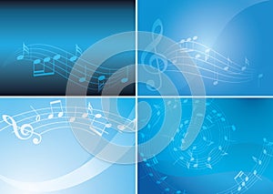 Blue vector backgrounds with musical notes and gradient - set