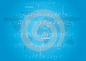 blue vector banner with music notes and striped world map - background with gradient