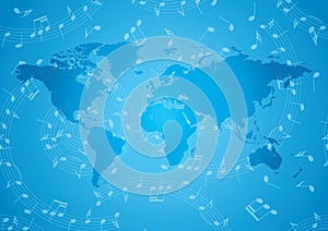 blue vector banner with swirl of music notes and blue world map - background