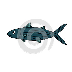 Blue vector cartoon tuna or skipjack fish. Outline Animal is isolated on white background. Eyes and mouth are visible