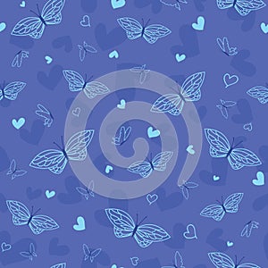 Blue vector hearts and butterflies modern seamless repeating pattern