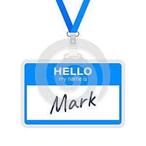 Blue vector `Hello my name is` label sticker on white background. Vector illustration.