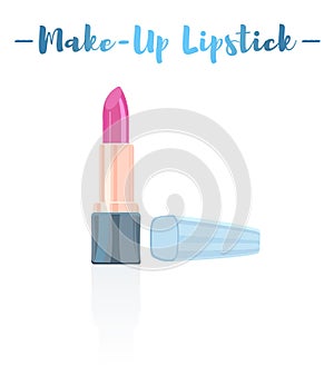 Blue vector illustration of a beauty utensil pink lipstick makeup product with pigments, oils, waxes, and emollients that apply c