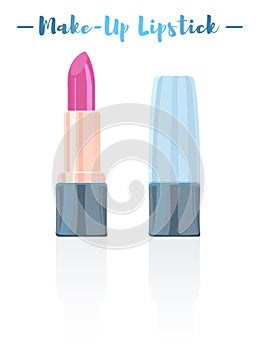 Blue vector illustration of a beauty utensil pink lipstick makeup product with pigments, oils, waxes, and emollients that apply c