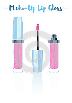 Blue vector illustration of a beauty utensil pink lipstick makeup product with pigments, oils, waxes, and emollients that apply c