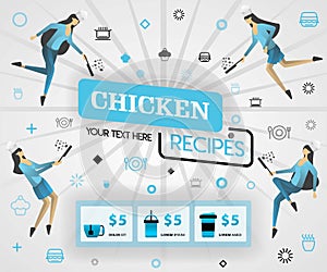 Blue vector illustration concept. chicken recipes recipes cover book.  healthy cooking recipes and delicious food cover can be for