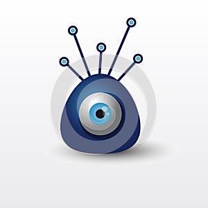 Blue vector monster with one eye and antennes. Technical look. Blue alien