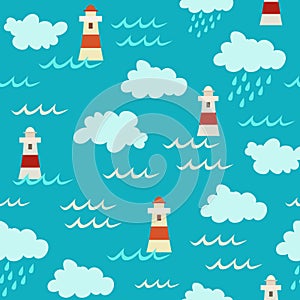 Blue vector seamless pattern. Cute red lighthouses elements photo