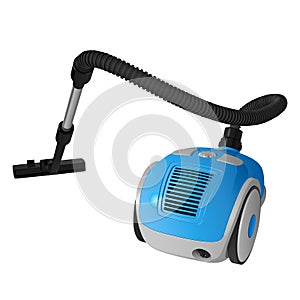 Blue vector vacuum cleaner with a black plastic brush on a long stick, with a carrying handle photo