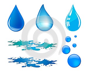 Blue vector waterdrop and puddle set isolated on white background