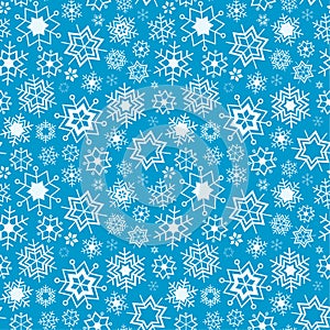 Blue vector winter background with snowflakes. Seamless pattern.