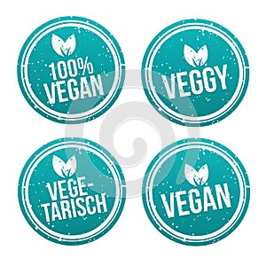 Blue vegan Badge Set. German-Translation: Vegan Button und Vegetarisch Banner Set.