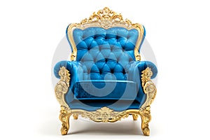 blue velvet capitonner technique armchair on white background