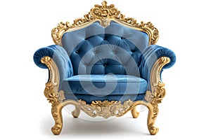 blue velvet capitonner technique armchair on white background