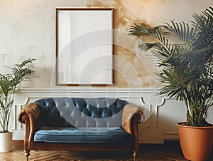 Blue velvet Chesterfield sofa in front of a blank picture frame and potted palm plants