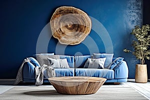 Blue velvet sofa with grey pillows and blanket near venetian stucco wall with tree cross-section as wall decor. Tree stump round