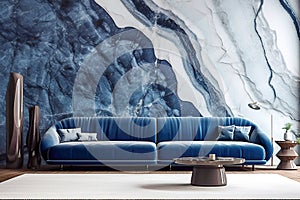 Blue velvet sofa near marble stone wall. Minimalist home interior design of modern living room. Created with generative AI