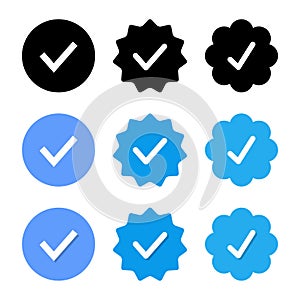 Blue verified badge icon vector. Tick, check mark sign symbol of social media profile photo