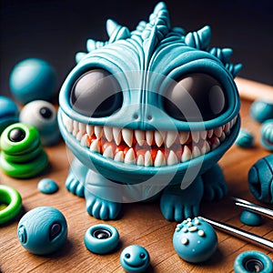 A blue vertebrate toy with big teeth sits on a wooden table among other toys