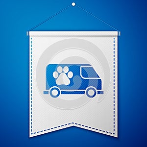 Blue Veterinary ambulance icon isolated on blue background. Veterinary clinic symbol. White pennant template. Vector