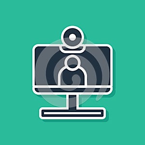 Blue Video chat conference icon isolated on green background. Computer with video chat interface active session on