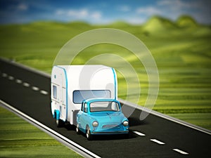 Blue vintage car on the road with caravan. 3D illustration