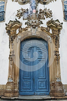Blue vintage door at historic church in Ouro Preto, Brazil