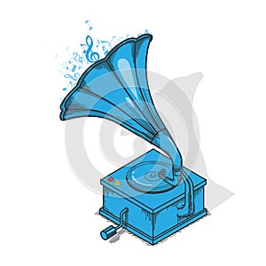 Blue Vintage Gramophone Isolated on white.Vector Outline Illustration