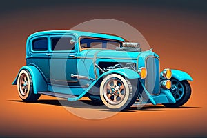 Blue vintage hot rod car mockup on orange background