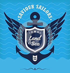 Blue vintage label with anchor maritime