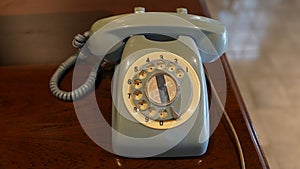 Blue vintage old phone. Focus selected