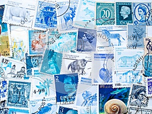 Blue vintage postmarks, stamp collecting. The hobby and philately concept.