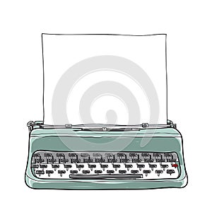 Blue vintage typewriter portable retro with paper hand drawn ve