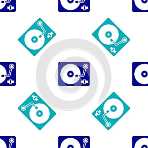 Blue Vinyl player with a vinyl disk icon isolated seamless pattern on white background. Vector