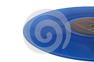 Blue Vinyl record on a white background. Retro style. Top view. Flat lay, copy space.