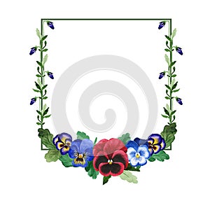 Blue viola frame. Floral botanical flower. Green leaf. Leaf plant botanical garden floral foliage. Frame border ornament