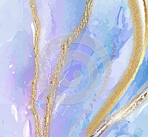 Blue violet color watercolor  subtle sky resin art with gold sparkles. Vector pastel marble design wallpaper. Paint brush subtle