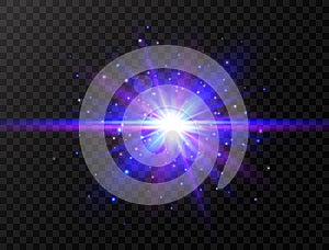 Blue and violet glowing effect. Star burst with beams and sparkles. Futuristic light on transparent background. Flash with rays an