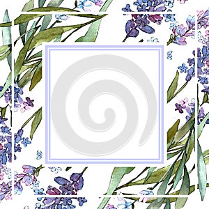 Blue violet lavender floral botanical flowers. Watercolor background illustration set. Frame border ornament square.