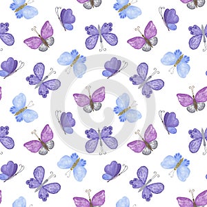 Blue, violet, purple butterflies seamless pattern watercolor illustration in random order, simple hand painted repeat ornament for