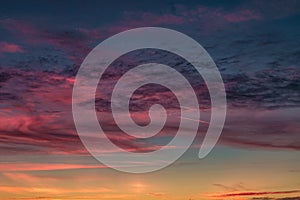 Blue violet red sunset sky background with evening fluffy curly rolling cirrostratus clouds. Good windy weather