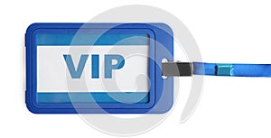 Blue vip badge isolated on white, top view